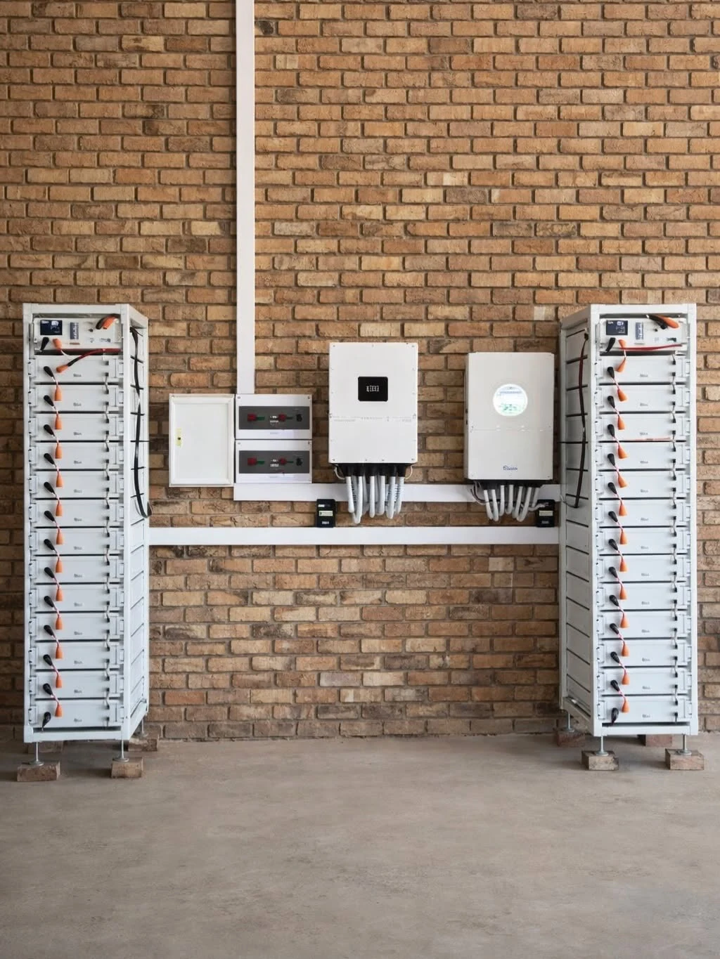 Solar inverter and battery installation with paired battery cabinets mounted on a brick wall