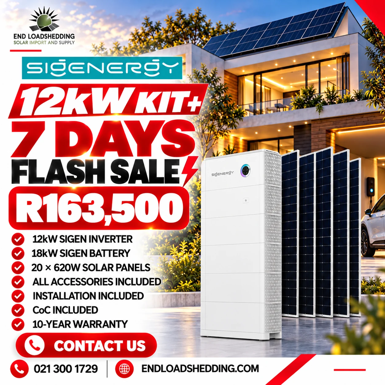 Sigen 12kW package advertised with 18kWh battery and 20 620W solar panels at R163,500
