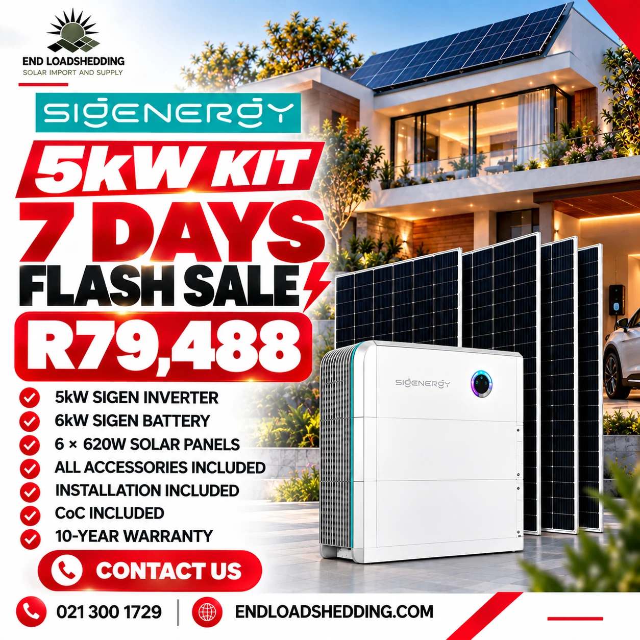 Sigen 5kW package advertised with 6kWh battery and 6 620W solar panels at R79,488