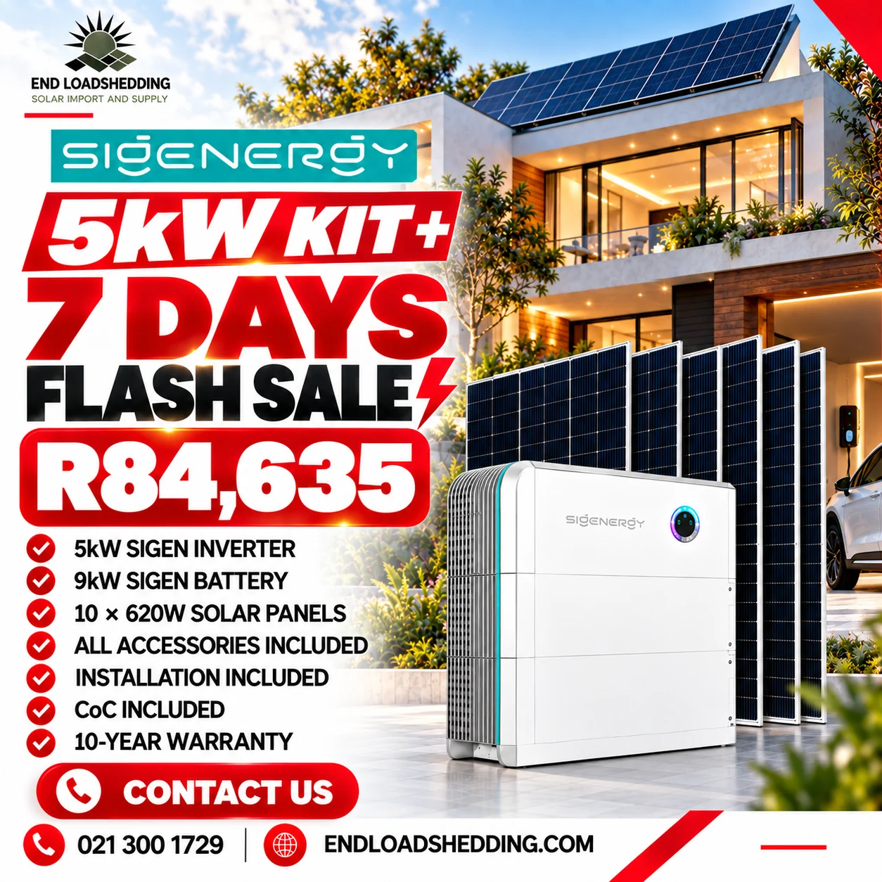 Sigen 5kW package advertised with 9kWh battery and 10 620W solar panels at R84,635