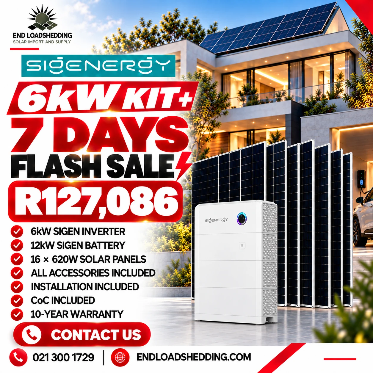 Sigen 6kW package advertised with 12kWh battery and 16 620W solar panels at R127,086