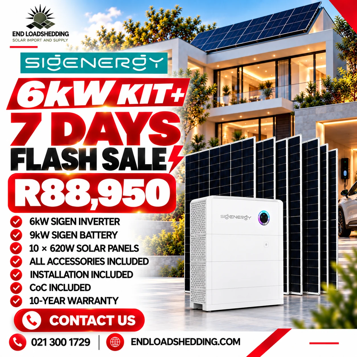 Sigen 6kW package advertised with 9kWh battery and 10 620W solar panels at R88,950