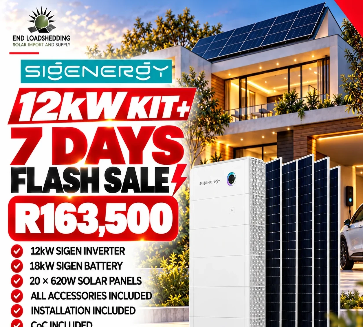 Sigen 12kW package advertised with 18kWh battery and 20 620W solar panels at R163,500