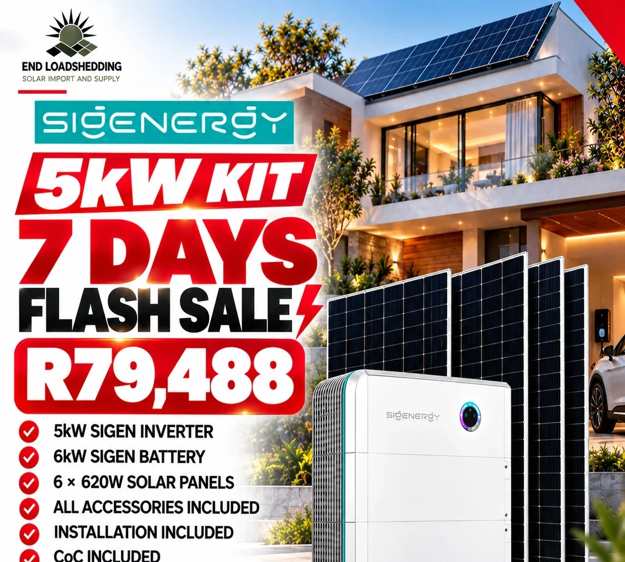 Sigen 5kW package advertised with 6kWh battery and 6 620W solar panels at R79,488