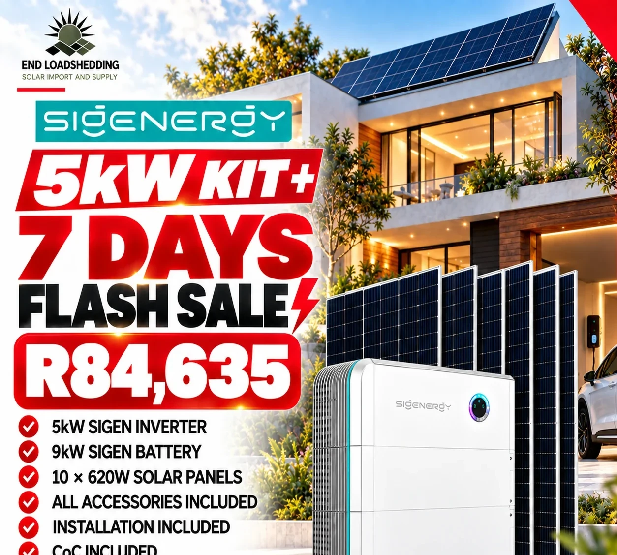 Sigen 5kW package advertised with 9kWh battery and 10 620W solar panels at R84,635