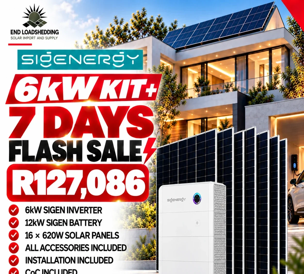 Sigen 6kW package advertised with 12kWh battery and 16 620W solar panels at R127,086