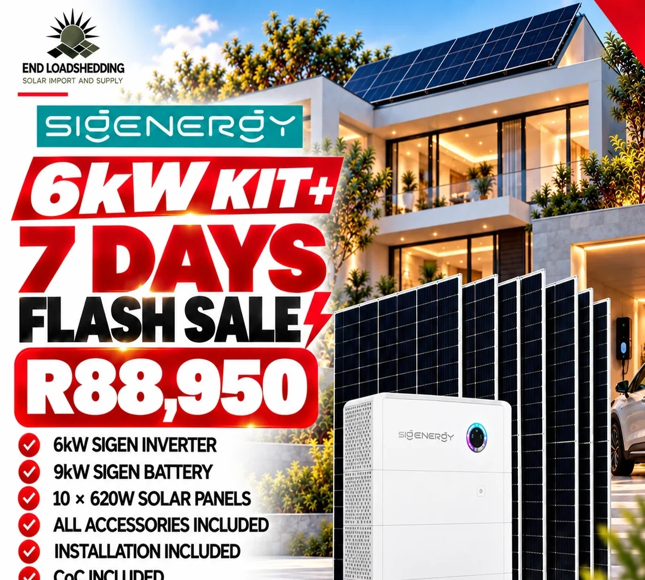 Sigen 6kW package advertised with 9kWh battery and 10 620W solar panels at R88,950